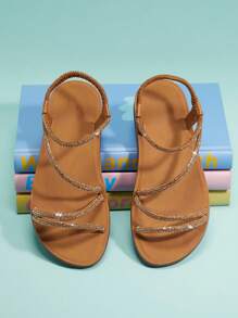 Mini mi 女童水钻系带露趾栗色凉鞋 - 时尚、闪亮、舒适的公主凉鞋 - 棕色 - 查看 7