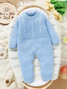 SHEIN Barboteuse tricotée bleu décontractée pour bébés, combinaison une pièce à manches longues, portée quotidienne minimaliste et polyvalente, tenue de bébé confortable - Bleu azur - Voir 5