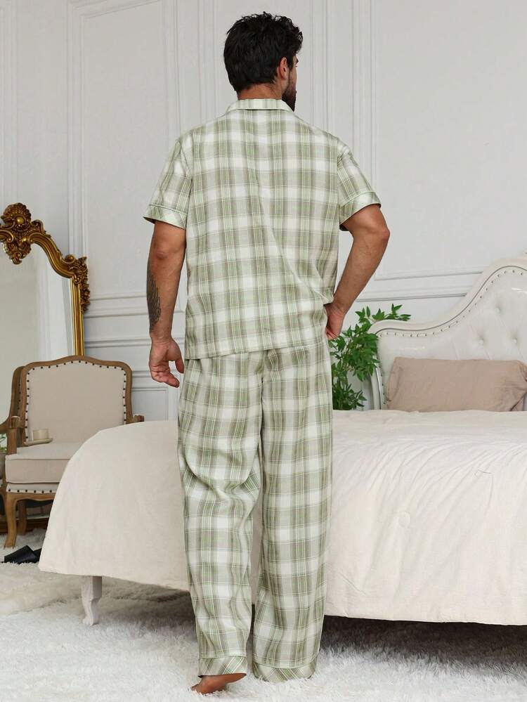 Spring/Summer Plaid Pattern Label Design Shirt & Loungewear Set For Men Pajama