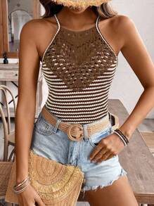 SHEIN Frenchy 女士度假休闲条纹蕾丝拼接露背上衣 - 彩色 - 查看 6