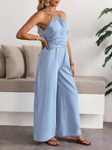 Breezaya 女式褶饰阔腿宽松牛仔连体裤 - 淺色水洗藍 - 查看 5