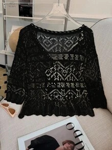 Breezaya Áo len cardigan mỏng khoét lỗ tay 3/4 nhẹ cho nữ, mùa hè - màu đen - Xem 2