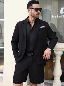 Manfinity Mode 2pcs/Set Men's Plus Size Casual Long Sleeve Blazer Jacket And Shorts Set - Black - View 3