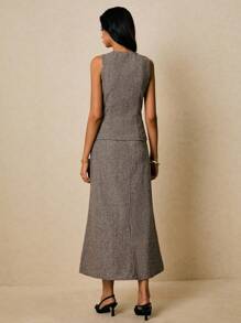 Poéselle 女式复古全印花纽扣前背心和迷你裙套装，夏季 - 棕色 - 查看 7