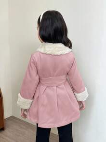 SHEIN 秋冬少女双面羊毛人造毛领系带夹克 - 紅白色 - 查看 2