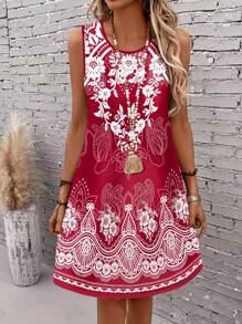 SHEIN LUNE Đầm Maxi Không Tay Cổ Tròn In Hoa Cỡ Lớn Cho Nữ, Phong Cách Kỳ Nghỉ - Nhiều màu - Xem 4