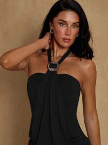 Glamine 女士纯色褶饰西式时尚露背连衣裙 - 黑色 - 查看 5