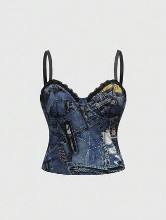 Débardeur femme vintage effet denim streetwear avec patchwork de maille et de dentelle à fermeture éclair