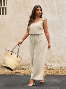 Elaquor Plus Size Solid Color Backless Jumpsuit, Casual Holiday Style - Apricot - View 4