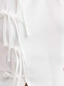 Nöista 夏季中国风领口亚麻条纹无袖蝴蝶结细节，饰有亚麻条纹和蝴蝶结细节！ - 白色 - 查看 3