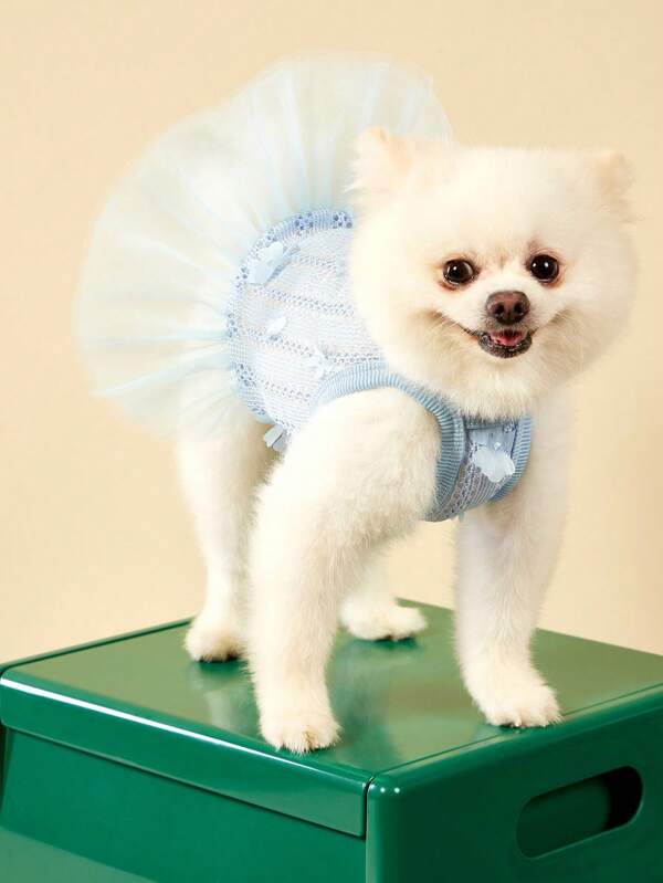 PETSIN 1pc Pet Cat Dog Apparel Blue 3D Floral Fabric Mesh Patchwork Breathable Elastic Sweet Cute Dog Dress