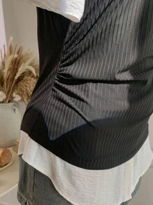 SHEIN EZwear 大码女式时尚收腰二合一短袖衬衫 - 黑與白 - 查看 3