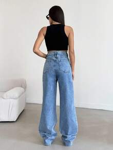 EURMUSE Blugi casual drepți cu talie înaltă pentru femei - Spălare ușoară - Vizualizare 2