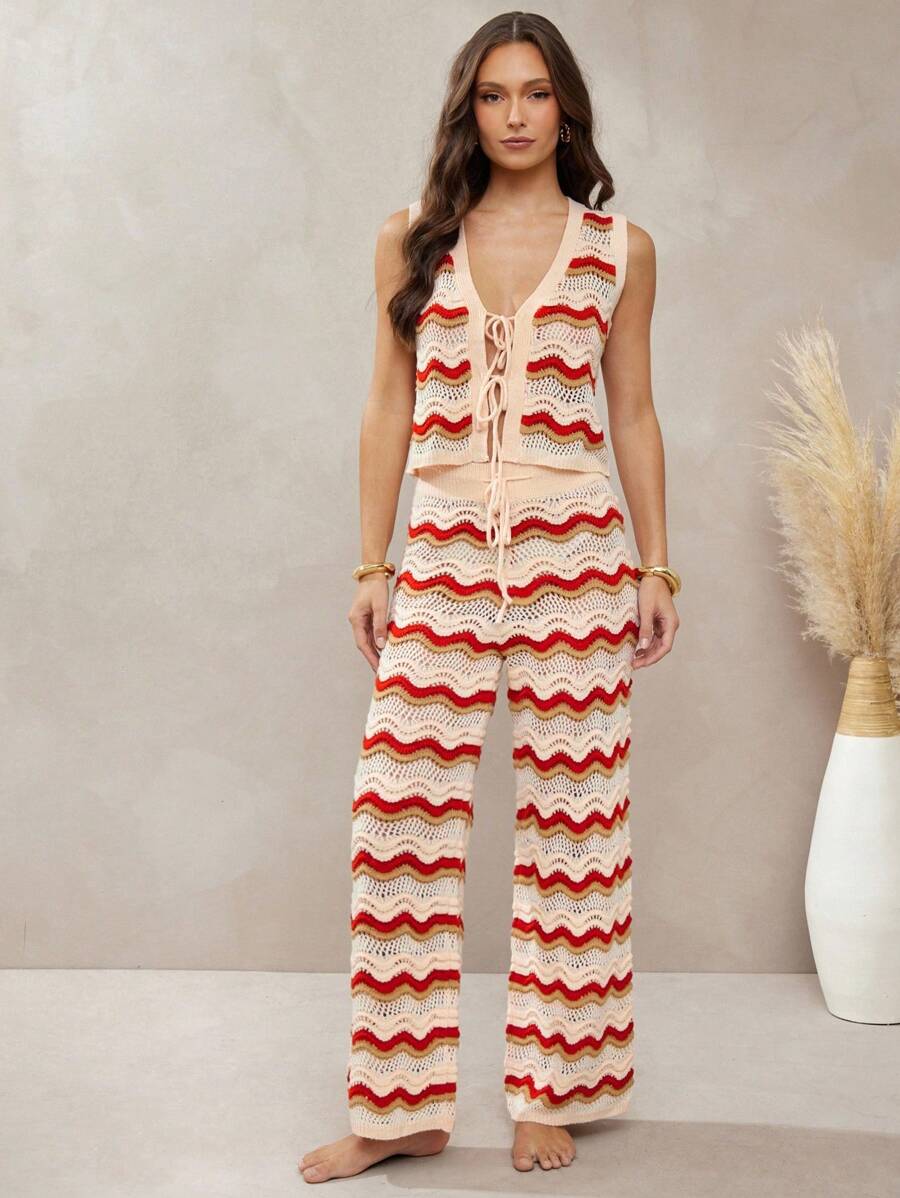 L'Amorae Pantalones de vacaciones de pierna ancha con ondas de ganchillo, con flecos y detalles de cuentas - Multicolor - Ver 1