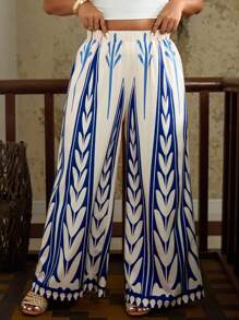 SHEIN VCAY 大码女式蓝白几何图案复古印花阔腿裤，带口袋，宽松休闲裤印花超长短裤女式超长短裤蓝色超长短裤波西米亚风超长短裤蓝白超长短裤度假海滩夏季城市休闲波西米亚风旅行机场外出乡村老钱复古女性，图卢姆，教师返校秋季女装秋季 - 藍白色 - 查看 3