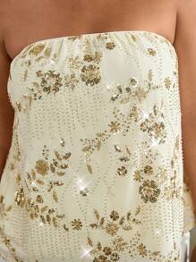 SHEIN VCAY 大码女式夏季亮片花朵刺绣抹胸上衣 - 杏色 - 查看 8