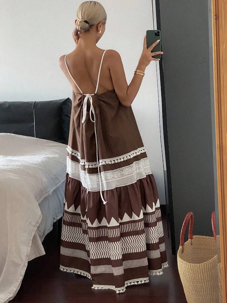 Boho Vacation Fringe Strap Dress, Summer Backless Long Dress Maxi Dress