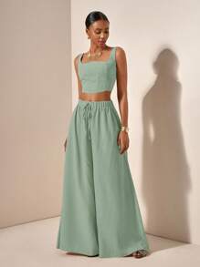 Zivah 新款春夏度假休闲鱼骨背带上衣和阔腿裤带口袋两件套-B，纹理面料 - 薄荷綠 - 查看 3