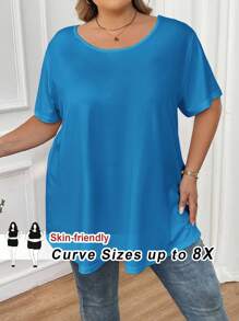 SHEIN CURVE+ Curve 大码/秋装/秋季女装/女士冬装/冬装大码纯色圆领休闲短袖 T 恤，夏季 - 藍色 - 查看 9