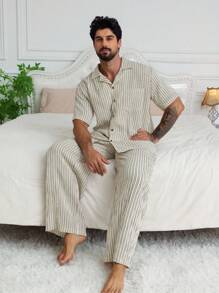 DAZY Khaki Stripe Textured Fabric Men's Pajama Set, Spring/Summer - Khaki - View 7