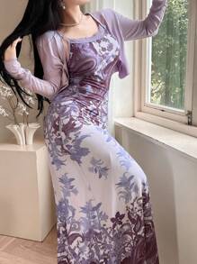 Feyla 2件套蕾丝印花修身防晒套装 - 紫色 - 查看 1