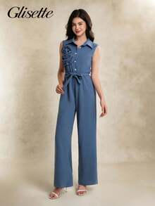 Teen Girls' Casual Daily Party Floral Elegant Jumpsuit, Suitable For School Graduation Season - Blue - View 4