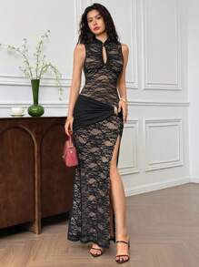 EastFlair Vestido Feminino de Renda Transparente com Fenda Alta na Lateral, Sem Mangas, Sexy