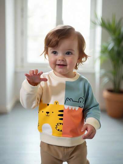 SHEIN Playful Pals Toddler Boys' Contrast Color Block Cartoon Animal Print Round Neck Long Sleeve Sweatshirt, Cute & Casual, Suitable For Outdoor, Autumn/Winter Baby Boy Clothes Long Sleeve Fall