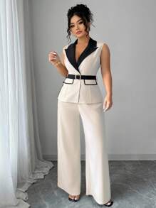 Elenzga A Two Pieces Set Of Elegant Summer Commuting Style For Plus-Size Ladies - Apricot - View 5