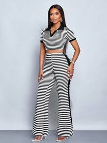 SOLERSUN Women 2pcs Set: Color Block Striped Knit Texture Polo Collar Short Sleeve T-Shirt And Flared Pants (Random Flower)