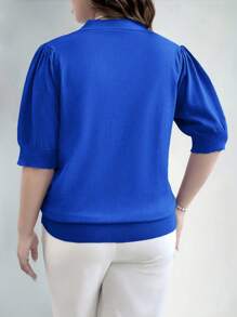 EMERY ROSE 大码女式纯色纽扣设计短泡泡袖套头毛衣针织衫秋冬款 - 藍色 - 查看 2