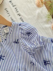 LMoss Kids Babygirl Cute Summer Bow Striped Blue & White Short Sleeve Top And Elastic Waist Pants Set