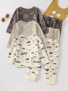 6pcs/Set Newborn Baby Boys Casual Striped Truck Print Long Sleeve Top And Pants Soft Pajamas Set Fall Winter - Multicolor - View 2