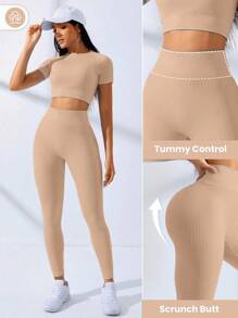 Gameset SHEIN Sport Conjunto de ropa deportiva para mujer con camiseta corta de manga corta sin costuras y elástica, y mallas - Caqui - Ver 2