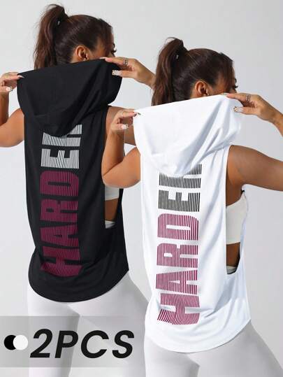 Gameset SHEIN Sport 2pcs Lightweight Fabric Hooded Sports Tee For Women With Eye-Catching Letter Print Detailing Gym Tank Tops Women