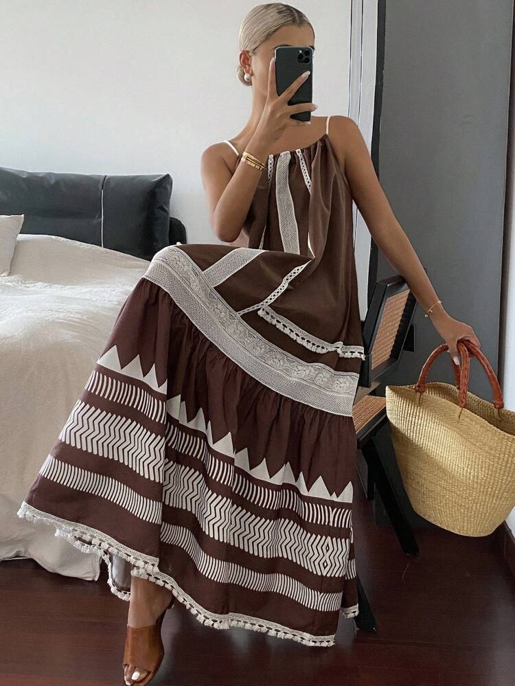 Boho Vacation Fringe Strap Dress, Summer Backless Long Dress Maxi Dress
