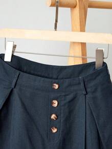 Uhlyne Women's Casual Elegant Button Detail Linen A-Line Wide Leg Shorts, Solid Color, Suitable For Daily Commute And Work