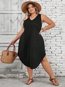 SHEIN CURVE+ Curve Plus Size/Autumn Clothes /Fall Women Clothes/Winter Clothes For Women/Winter ClothesPlus Size Women's Solid Color Curved Hem Vest Dress Plus Size Dresses Plus Size Casual Dress Curvy Dress 8xl Dresses 5xl Dresses