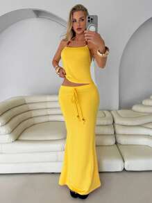 Roylia 2pcs/Set Vacation Style Beaded Spaghetti Strap Camisole & High Waist Bodycon Skirt For Women, Versatile - Yellow - View 5