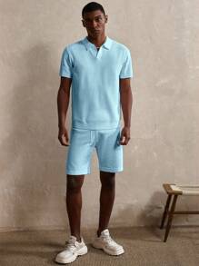 Manfinity Homme Men 2pcs Solid Color Short Sleeve Top And Pocket Shorts Knitwear Set - Blue - View 4