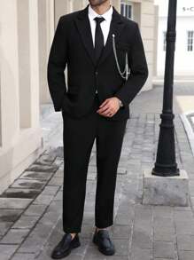 Manfinity Mode Conjunto de chaqueta y pantalón de traje de negocios de talla grande con solapa única para hombre - Negro - Ver 4