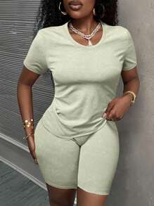 Slaydiva 2025夏季新款休闲街头风全幅扎染雪洗针织修身V领短袖T恤+短款骑行裤女两件套，毕业季穿搭，街头风，日常出行，早午餐外出 - 綠色 - 查看 3