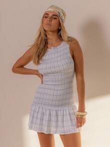 Aralina Summer / Fall Restort Beach Vacation Ruched Plaid Check Dropped Waist Mini Dress Country Concert Outfit - Baby Blue - View 6