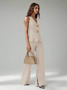 SHEIN Tall 2件套女式无袖开衫背心和休闲裤套装 - 米色 - 查看 5