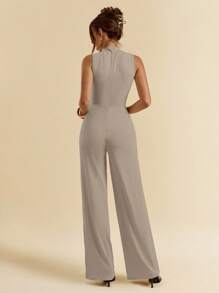 SHEIN BAE Bộ đồ liền thân ống rộng dài thêm không tay xếp nếp màu đen thanh lịch gợi cảm, đa năng cho hàng ngày, hẹn hò, đi chơi, tiệc tùng, tụ tập, bộ đồ liền thân thanh lịch bất đối xứng cho phụ nữ, trang phục đi chơi, bộ đồ liền thân ngày lễ tình nhân, bộ đồ liền thân thường ngày, bộ đồ liền thân thanh lịch - Xám - Xem 2
