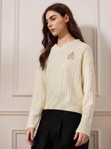 Briarwyn 女士休闲字母刺绣 V 领落肩长袖毛衣，秋季女士，冬季女士，老钱风格，返校，复古女士，女士教师 - 米色 - 查看 7