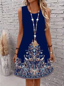 EMERY ROSE Vestido midi sin mangas azul con estampado retro talla grande - Multicolor - Ver 3