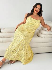 SHEIN EZwear Plus Size Women Summer Yellow Floral Maxi Dress,Elegant Boho Holiday Sundress,Casual Vacation Beach Sun Dresses,European Style Practical Brunch Wear - Multicolor - View 1