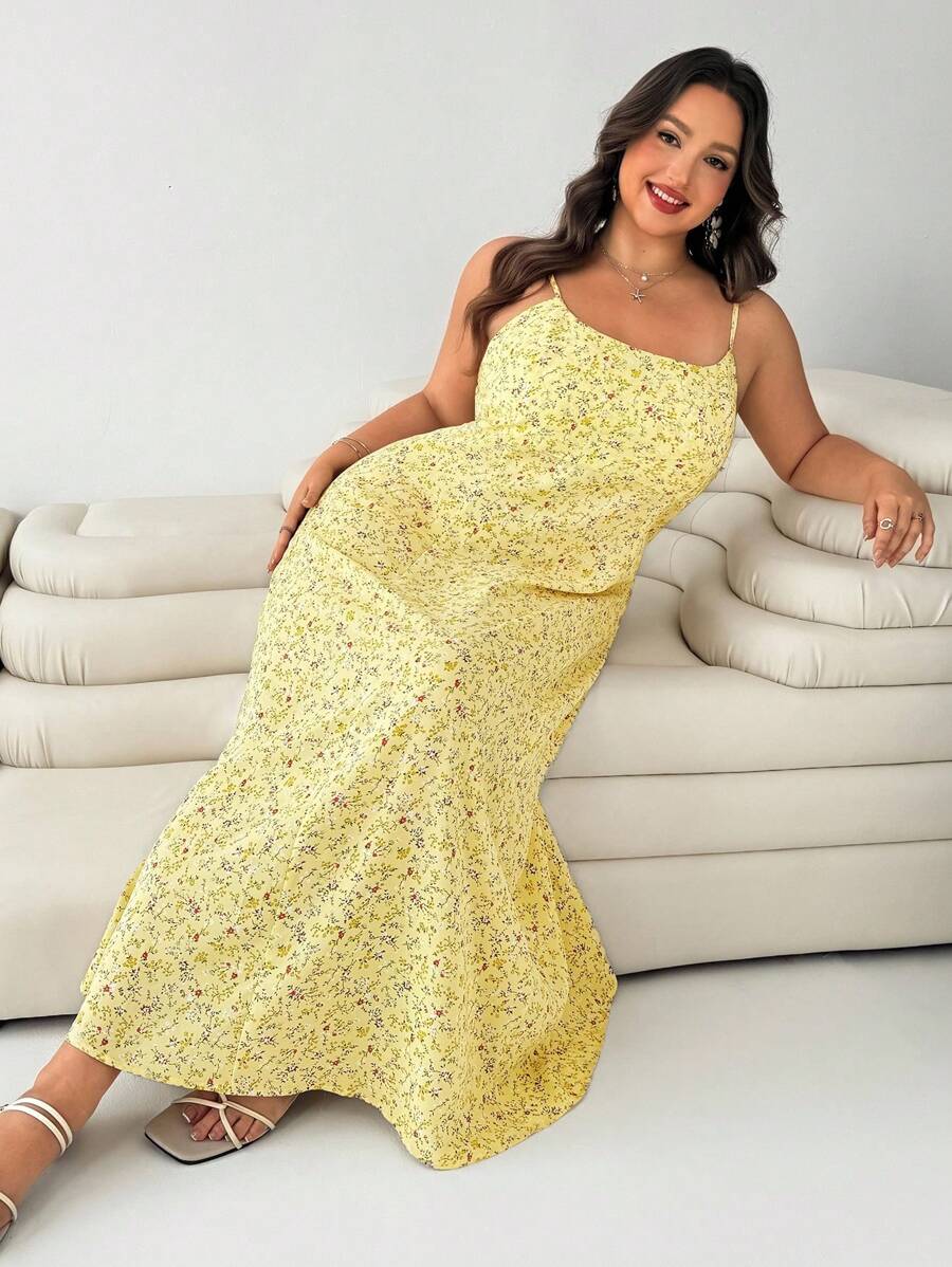 SHEIN EZwear Plus Size Women Summer Yellow Floral Maxi Dress,Elegant Boho Holiday Sundress,Casual Vacation Beach Sun Dresses,European Style Practical Brunch Wear - Multicolor - View 1