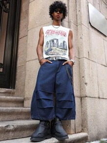 PAVTROS Manfinity Streetrush Modern Men's Navy Blue Denim Wide Leg Pants. Elevate Your Street Style With These Avant-Garde Baggy Jeans, Crafted For A Distinctive And Comfortable Oversized Fit. - Navy Blue - View 4